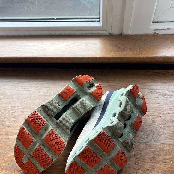 ON cloudmonster - White and Navy Athletic Shoes with Orange Accents - Picture 5 of 5